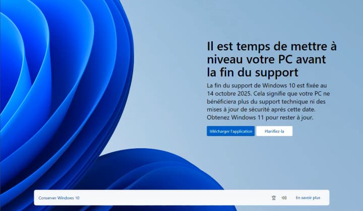 Logo Windows 10 avec message de fin de support